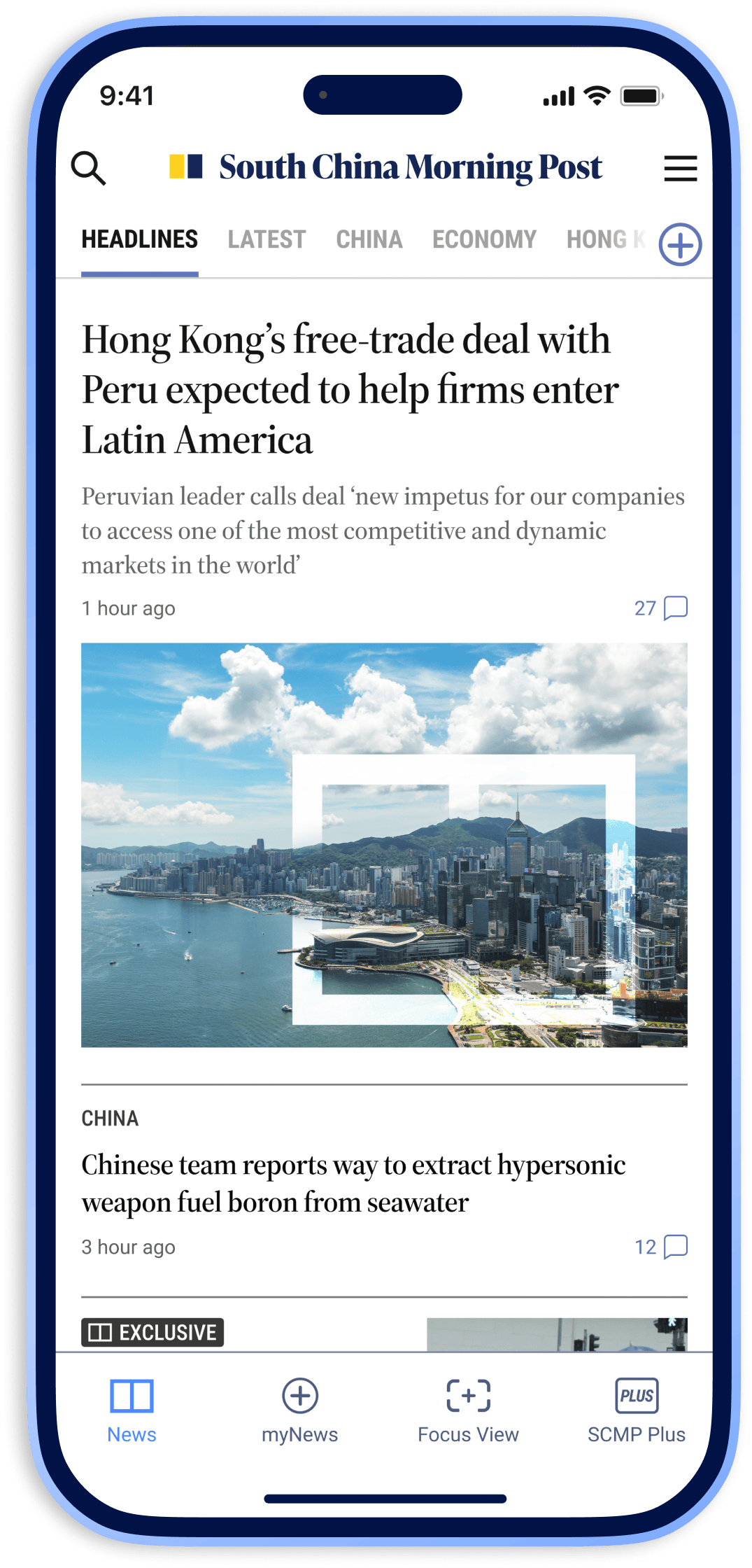 An iPhone showing the SCMP App homescreen